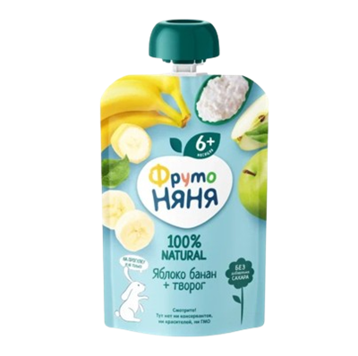 Пюре Фруто-Няня яблочно-банановое с творогом пауч 90гр - фото 29515