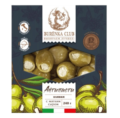 Антипасти Burenka Club оливки фарш. мягким сливочным сыром в масле 240гр - фото 31924